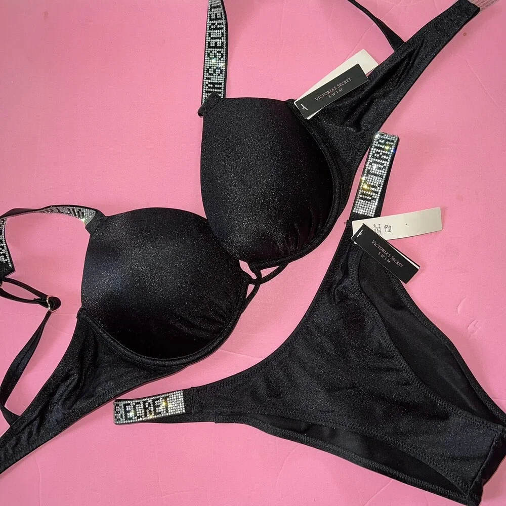 Victoria's Secret 34C BOMBSHELL BIKINI XS,S,M brazilian BOTTOM shine strap BLACK - Picture 2 of 4